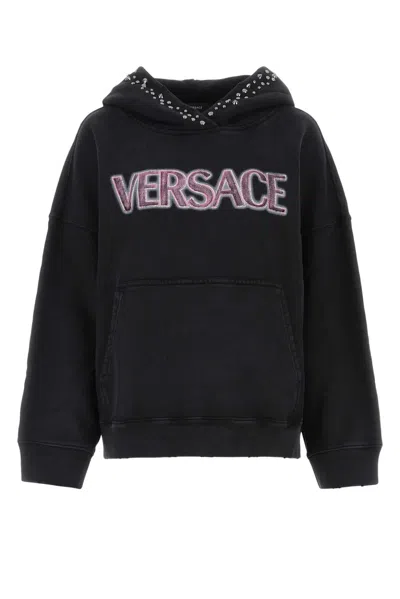 Versace Logo-embroidered Cotton Hoodie In Black
