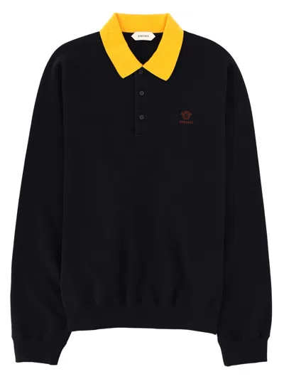 Versace Two-tone Polo Design Ribbed Sweatshirt In Black