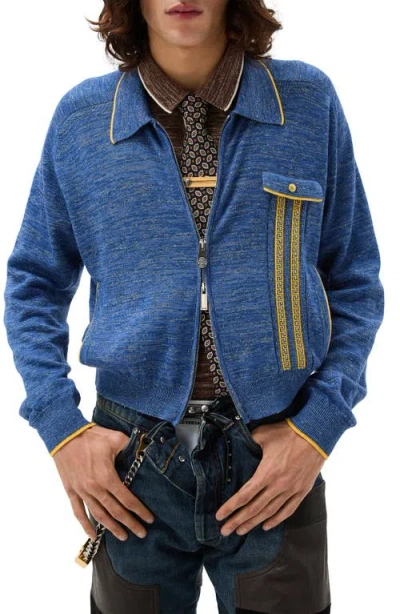 Versace First Line Greca Jacquard Wool & Silk Blend Mouliné Zip Cardigan In Blue