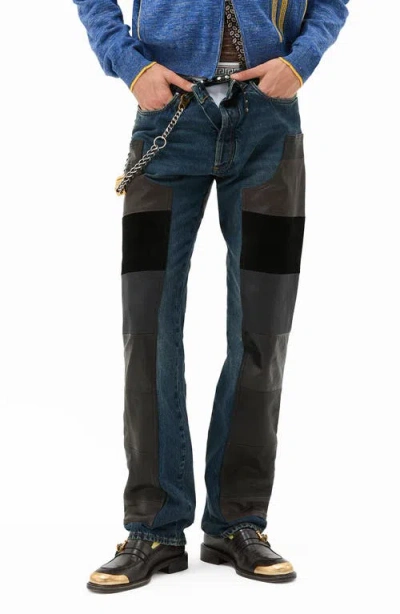 Versace First Line Leather Patchwork Straight Leg Jeans In Multi