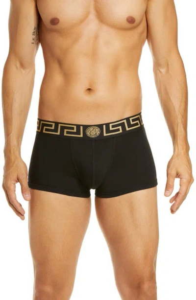 Versace Greek Key Low-rise Trunks In Black/ Gold