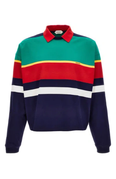 Versace First Line Stripe Heavyweight Cotton Jersey Polo Sweatshirt In Multi