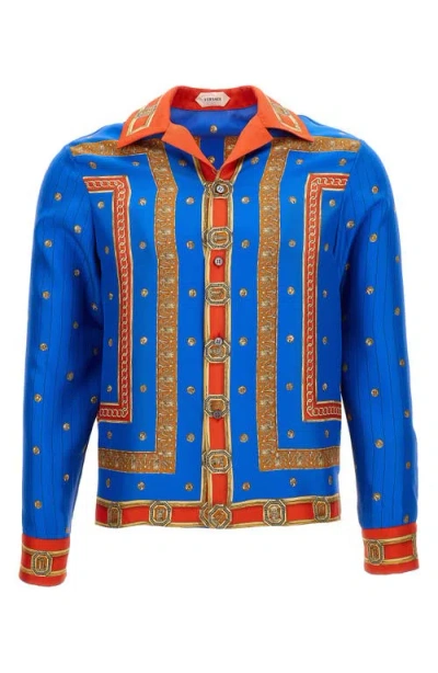Versace First Line Trompe L'oeil Print Silk Twill Bowling Shirt In Blue