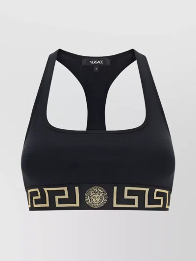 Versace Black Sports Bra With Greca And Medusa Detail In Stretch Cotton