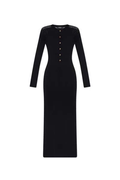 Versace Long Fitted Wool Dress With Gold-tone Button In Blue