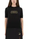 Versace Fitted Knit T-shirt With Logo Patch In Black