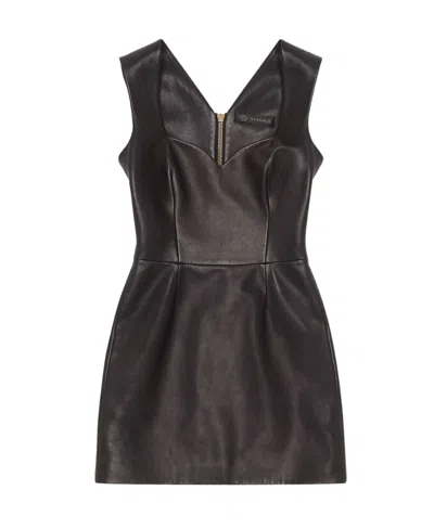 Versace Fitted Lambskin Mini Dress In Black