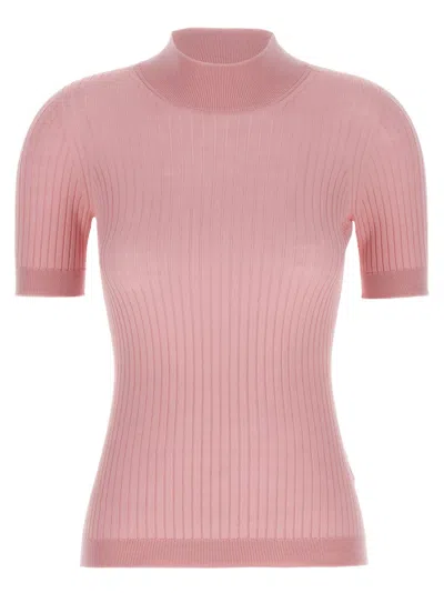 Versace Fitted Ribbed Wool Sweater With High Neck In Pink