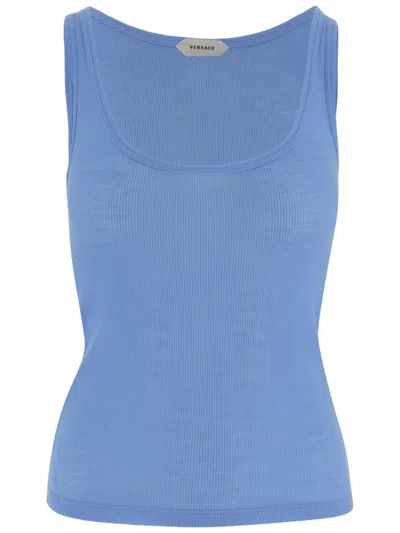 Versace Fitted Wool Top With Wide Neckline In Blue
