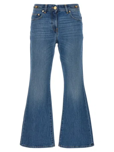 Versace Flared Denim Jeans With Metallic Jellyfish Detail In Blue
