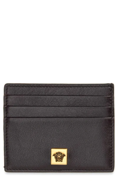 Versace Flat Leather Card Case In Aubergine-gold 82