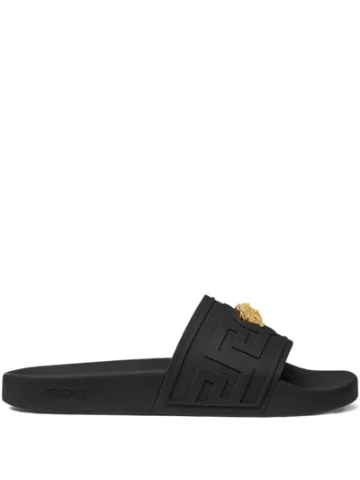 Versace Black Sandals With Medusa Plaque On The Front In Tech Fabric Man