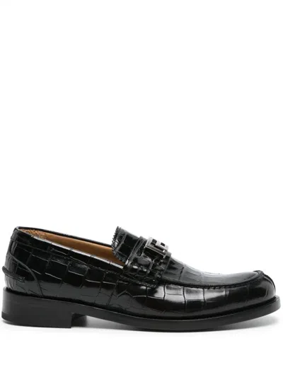 Versace Greca Crocodile-effect Loafers In Black/ruthenium