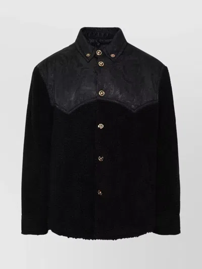 Versace Fleece Jacket With Collar And Embroidered Detailing In Black