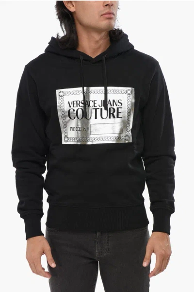 Versace Fleeced Cotton Sweatshirt With Silver Printing On The Front In Black