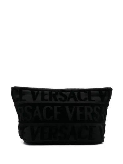 Versace Flocked-logo Wash Bag In Black