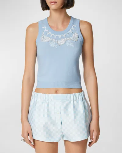 Versace Floral Bead Embroidered Knit Tank Top In Blue