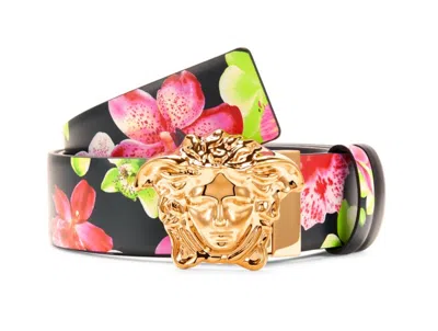 Pre-owned Versace Floral Black Orchid Medusa Reversible Belt Us 38 Waist