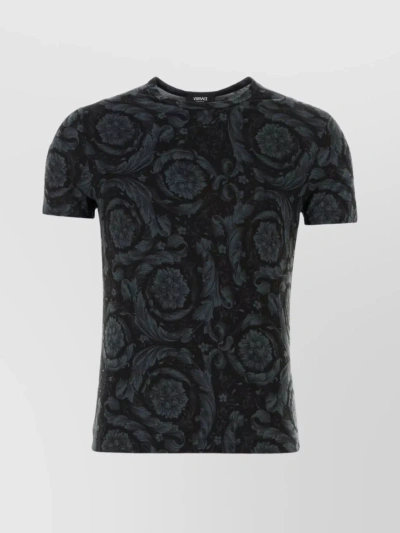 Versace Floral Crew Neck T-shirt With Short Sleeves In Black