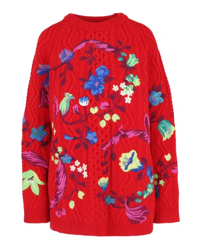 Versace Floral Embroidered Cable Knit Sweater In Red