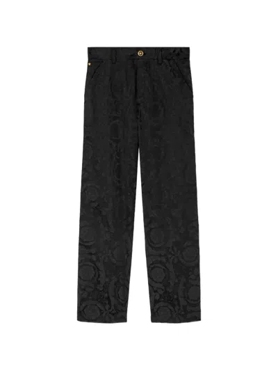 Versace Floral-jacquard Trousers In Black