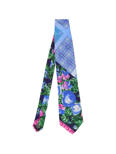Pre-owned Versace Floral Mosaic Tie In Blue