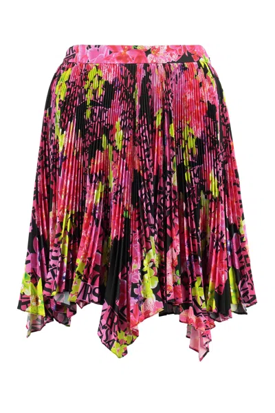 VERSACE FLORAL ORCHID PRINT ASYMMETRIC PLEATED SKIRT FOR WOMEN