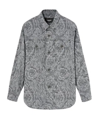 Versace Floral-print Cotton Shirt In Gray