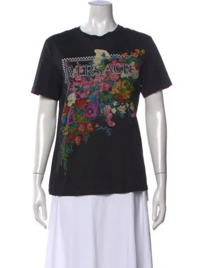 Pre-owned Versace Floral Print Crew Neck T-shirt In Black