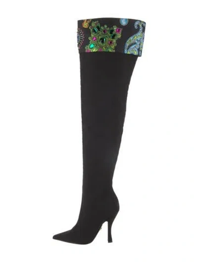 Pre-owned Versace Floral Print Crystal Embellishments Boots In Black