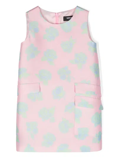 Versace Kids' Floral-print Duchess-satin Dress In Pink