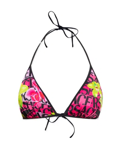 Versace Floral-print Halterneck Bikini In Black