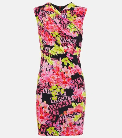 Versace Floral-print Jersey Minidress In Magenta