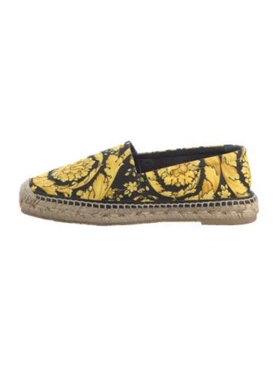 Pre-owned Versace Floral Print Leather Trim Embellishment Espadrilles In Gold