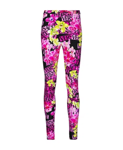 Versace Floral-print Leggings In Pink