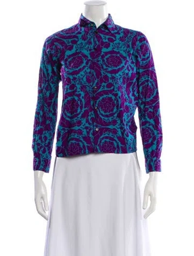 Pre-owned Versace Floral Print Long Sleeve Button-up Top In Purple