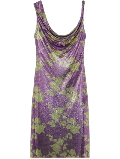Versace Floral-print Metallic Dress In Purple+yellow