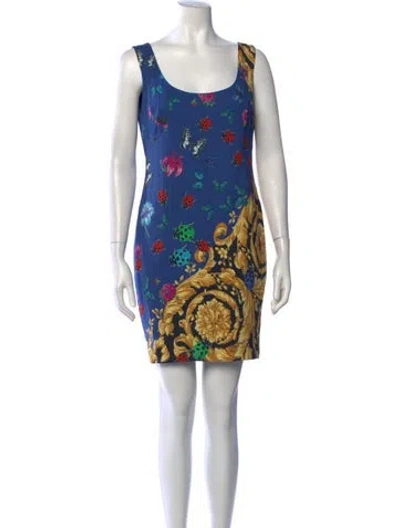 Pre-owned Versace Floral Print Mini Dress In Blue