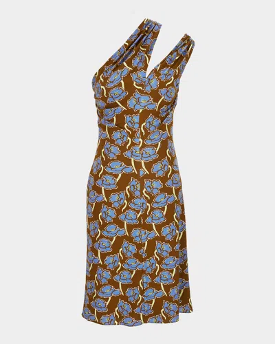 VERSACE FLORAL PRINT ONE-SHOULDER BACKLESS CREPE COCKTAIL DRESS