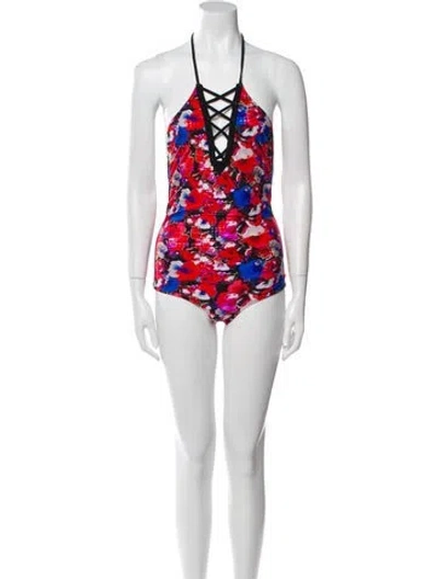 Pre-owned Versace Floral Print One-piece W/ Tags In Red