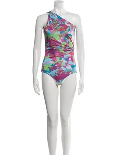 Pre-owned Versace Floral Print One-shoulder Bodysuit In Blue