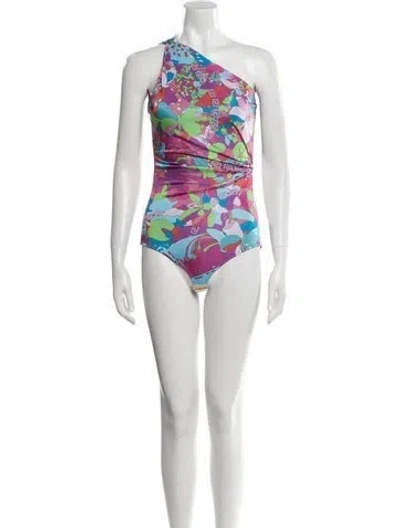 Pre-owned Versace Floral Print One-shoulder Bodysuit In Blue