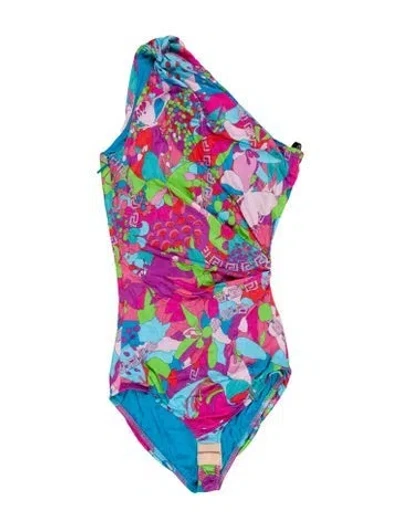 Pre-owned Versace Floral Print One-shoulder Tunic In Blue