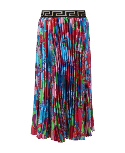 Versace Floral-print Pleated Skirt In Red