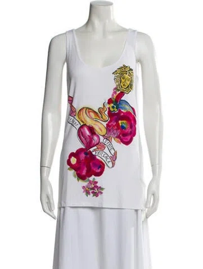 Pre-owned Versace Floral Print Scoop Neck Top In White
