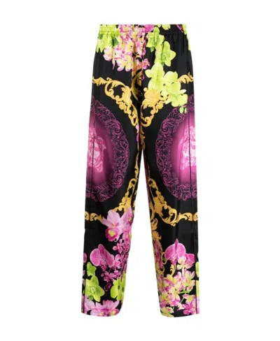 Versace Floral-print Silk Beach Trousers In Black