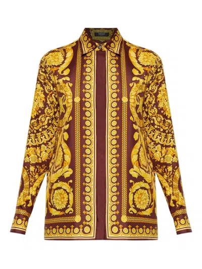 Versace Floral-print Silk Blouse In Brown