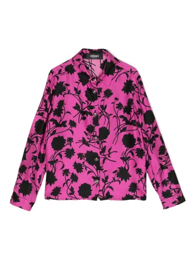 Versace Kids' Floral-print Silk Shirt In Purple