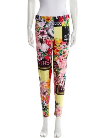 Pre-owned Versace Floral Print Skinny Leg Pants In Pink