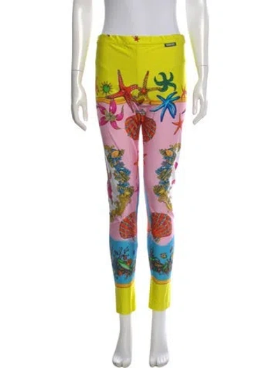 Pre-owned Versace Floral Print Skinny Leg Pants In Yellow